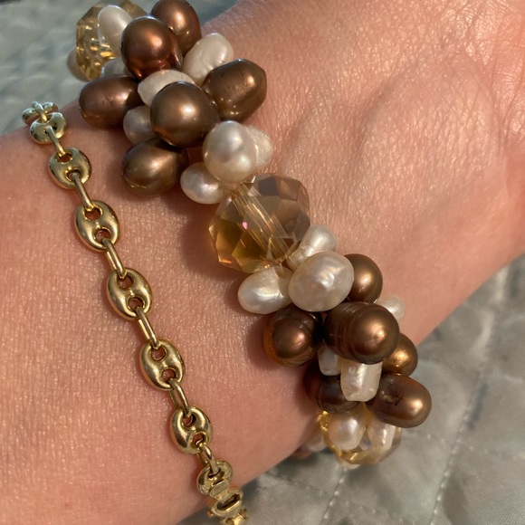 Vintage genuine freshwater pearl cluster bracelet with large crystals stretch - Picture 1 of 7